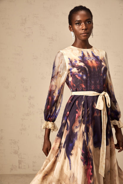 Urbaine smudged graffiti-print silk midi dress