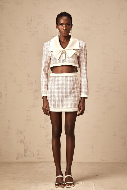 Ludivine pink checked tweed jacket & skirt matching set