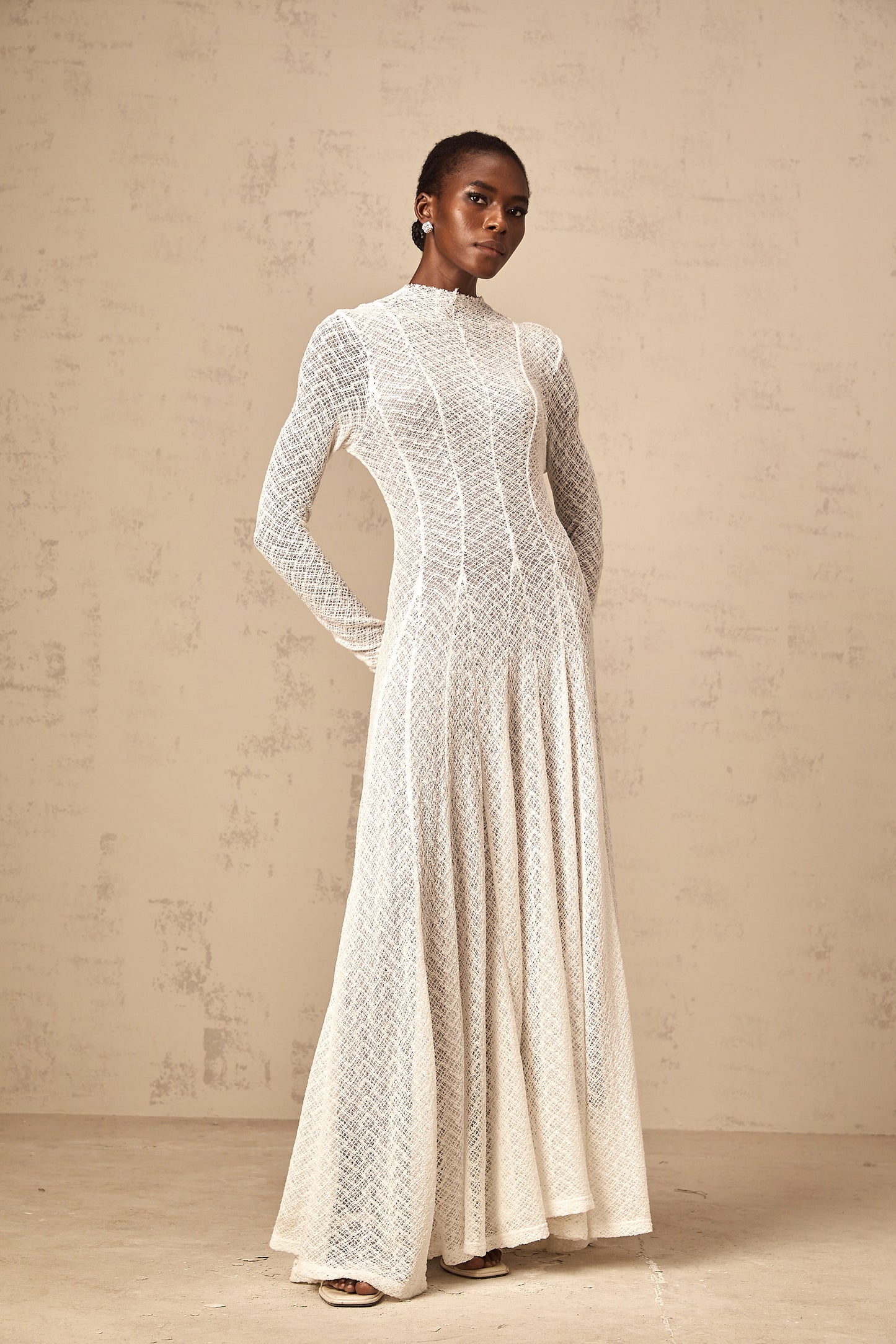 Athena wavy-pattern lace maxi dress in White