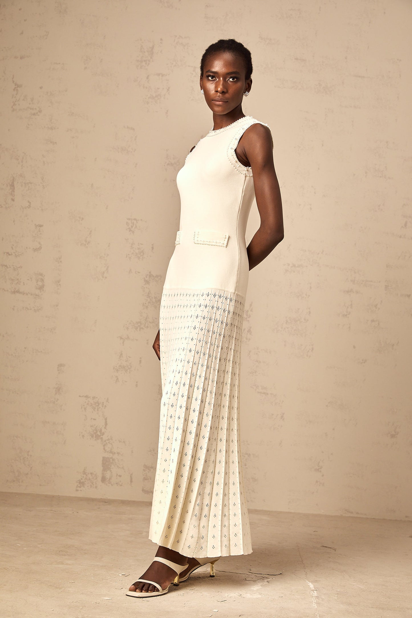 Donatienne white faux-pearl knitted maxi dress