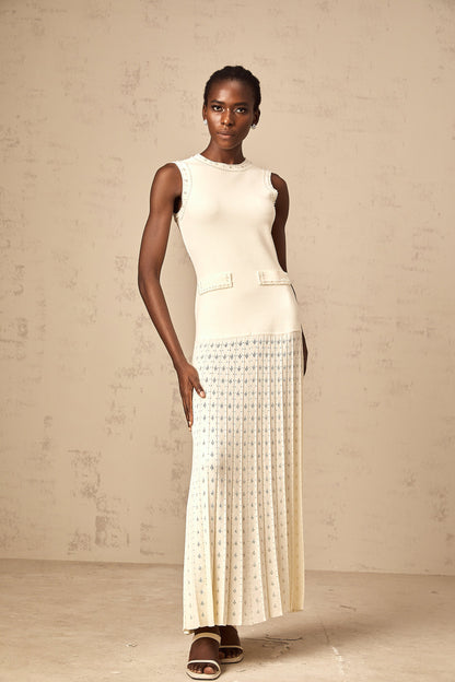 Donatienne white faux-pearl knitted maxi dress