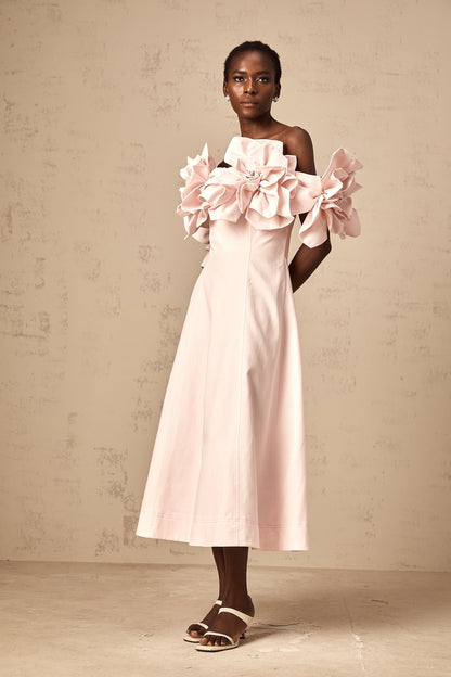 Juliette pink off-shoulder 3D-petal midi dress