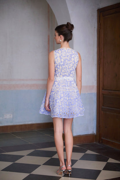 Brigitte Blue Crochet Lace Puff Sleeve Mini Dress