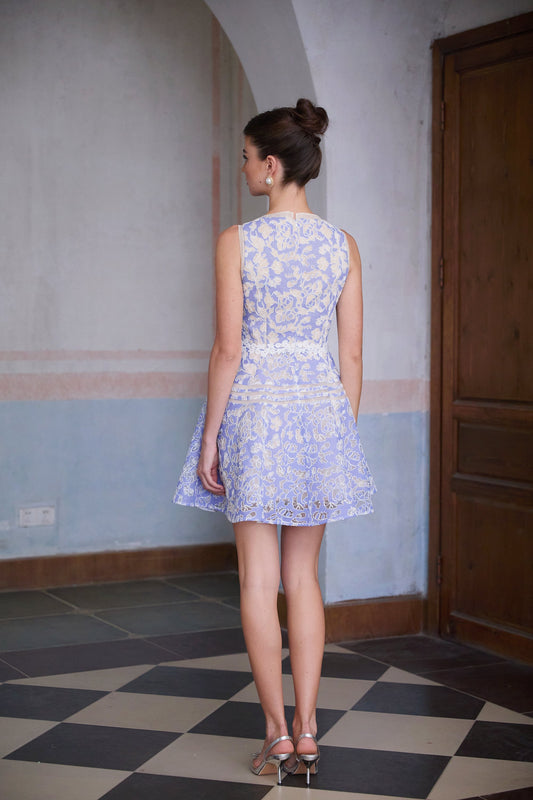 Brigitte Blue Crochet Lace Puff Sleeve Mini Dress