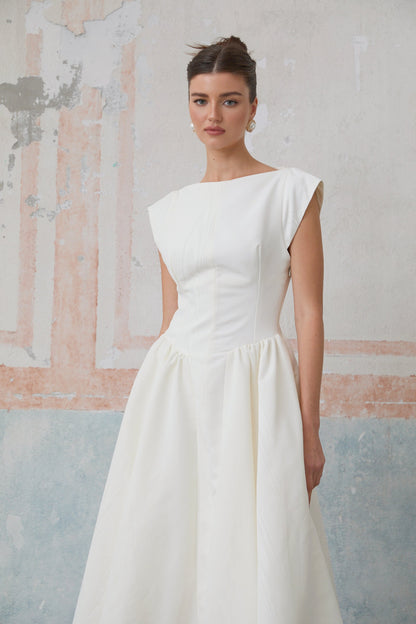 Amandine white open-back cap-sleeve midi dress