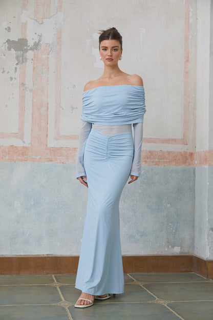 Ninon blue off-shoulder ruched maxi dress