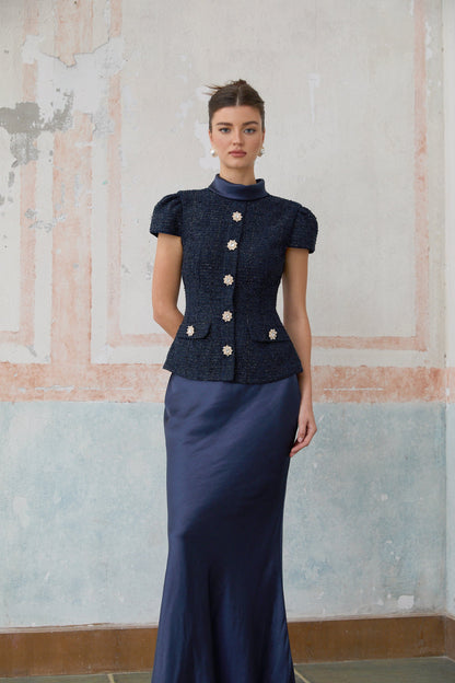 Josette blue peplum-waist panelled maxi dress