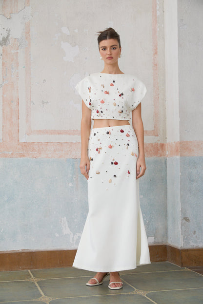 Delphine white shell-embellished top & skirt matching set