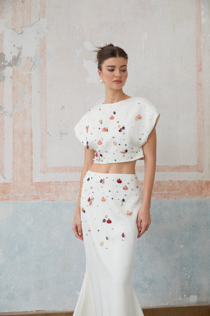 Delphine white shell-embellished top & skirt matching set