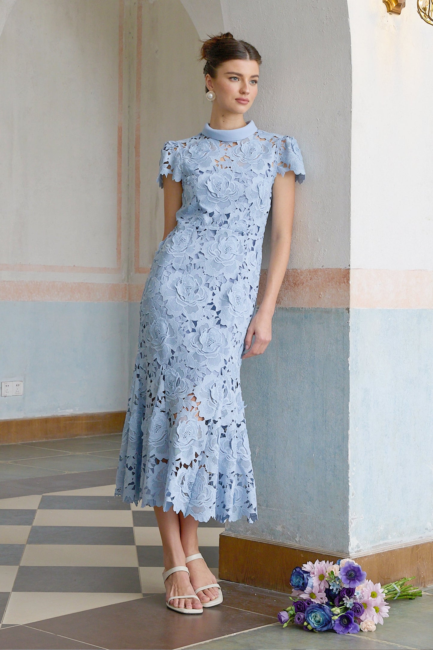 Aurore Blue Floral Appliqué Lace Midi Dress