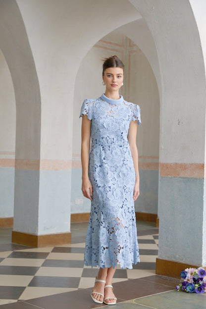 Aurore Blue Floral Appliqué Lace Midi Dress