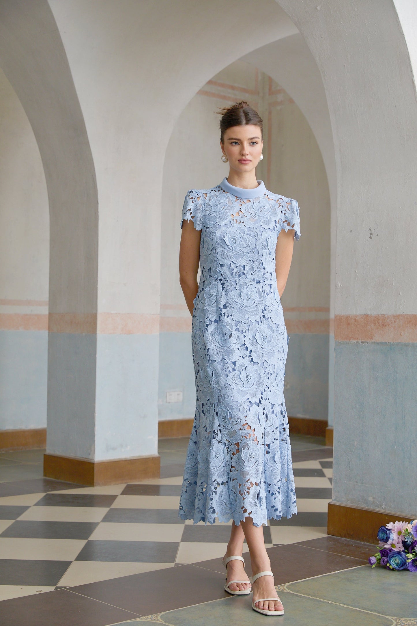 Aurore Blue Floral Appliqué Lace Midi Dress
