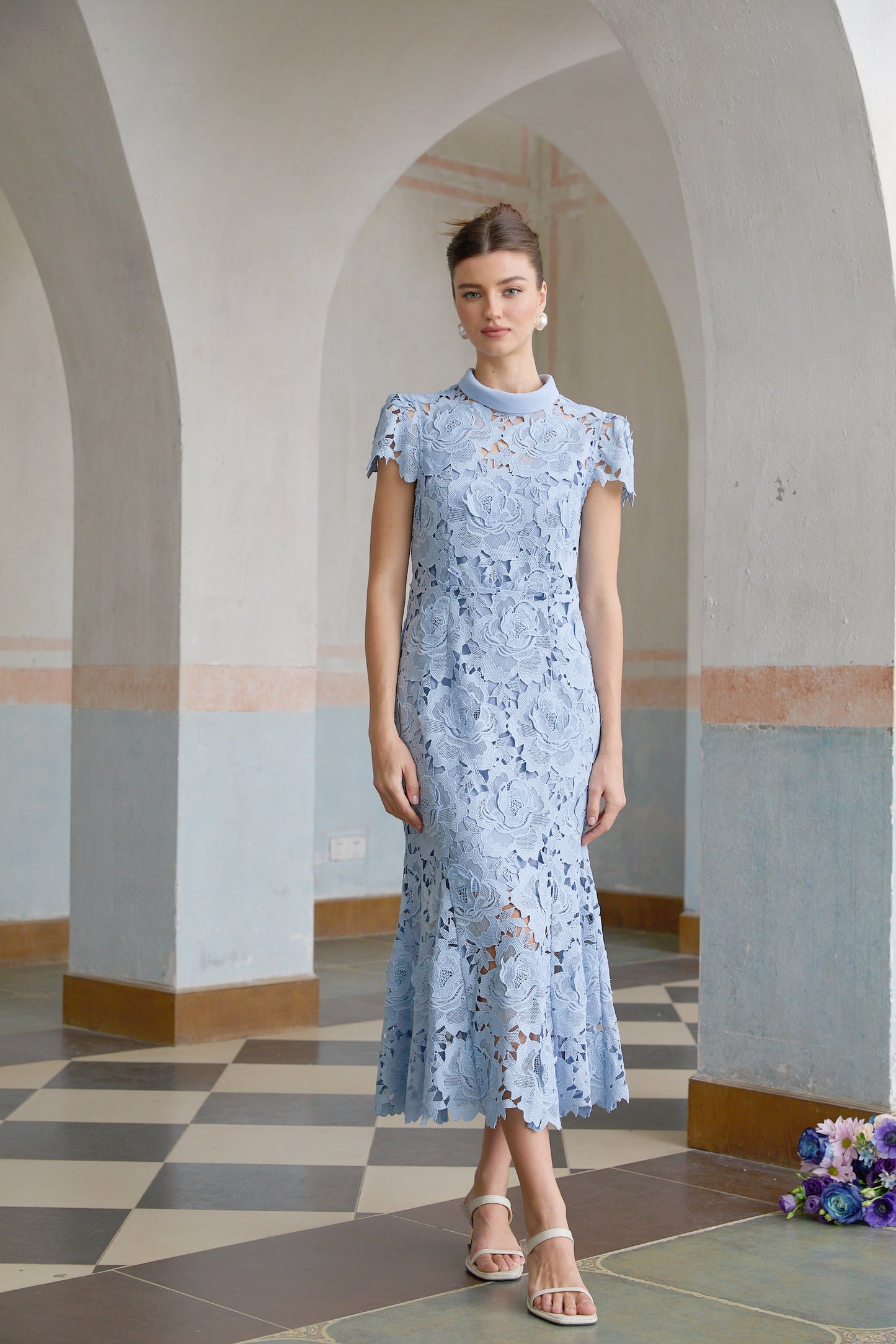 Aurore Blue Floral Appliqué Lace Midi Dress