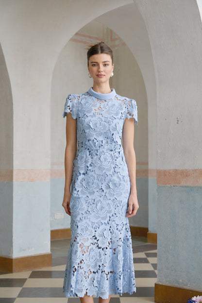 Aurore Blue Floral Appliqué Lace Midi Dress