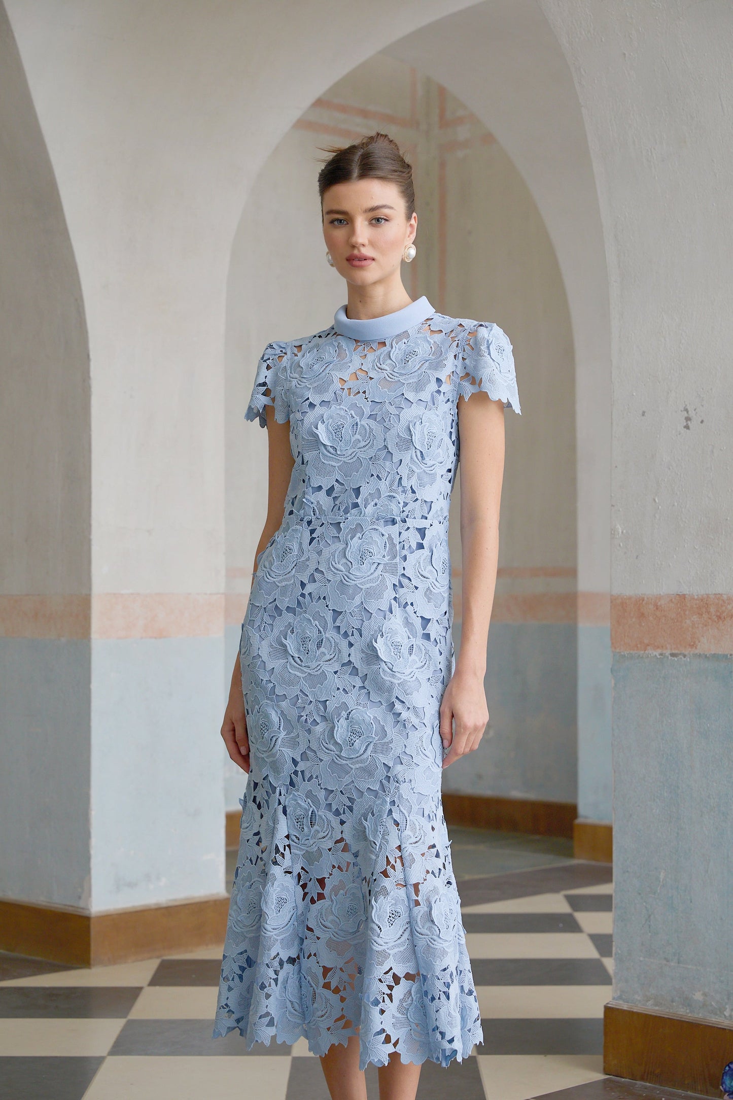 Aurore Blue Floral Appliqué Lace Midi Dress