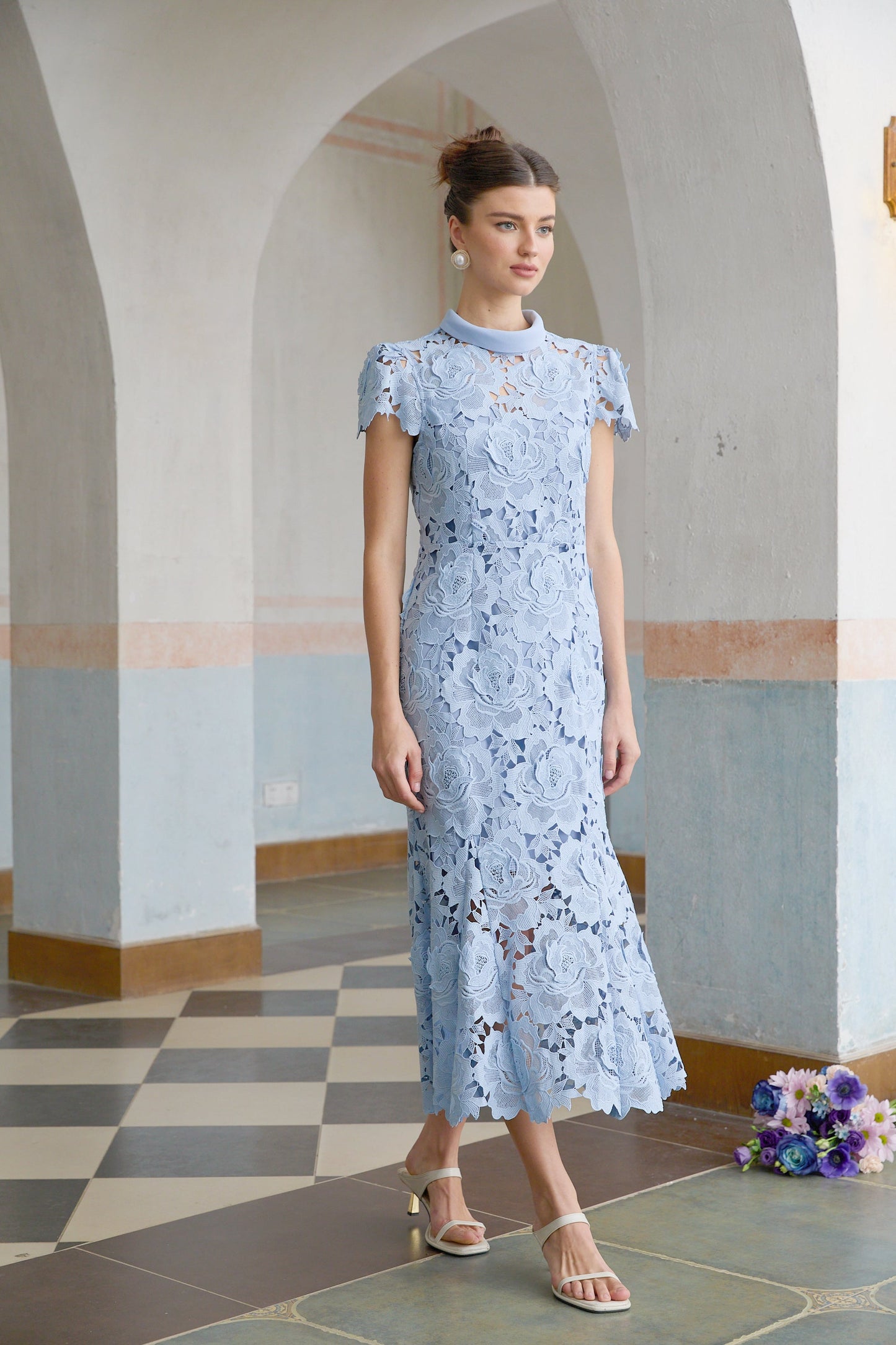 Aurore Blue Floral Appliqué Lace Midi Dress