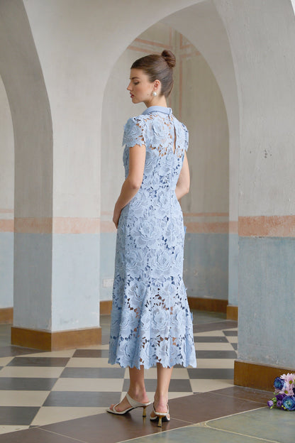 Aurore Blue Floral Appliqué Lace Midi Dress