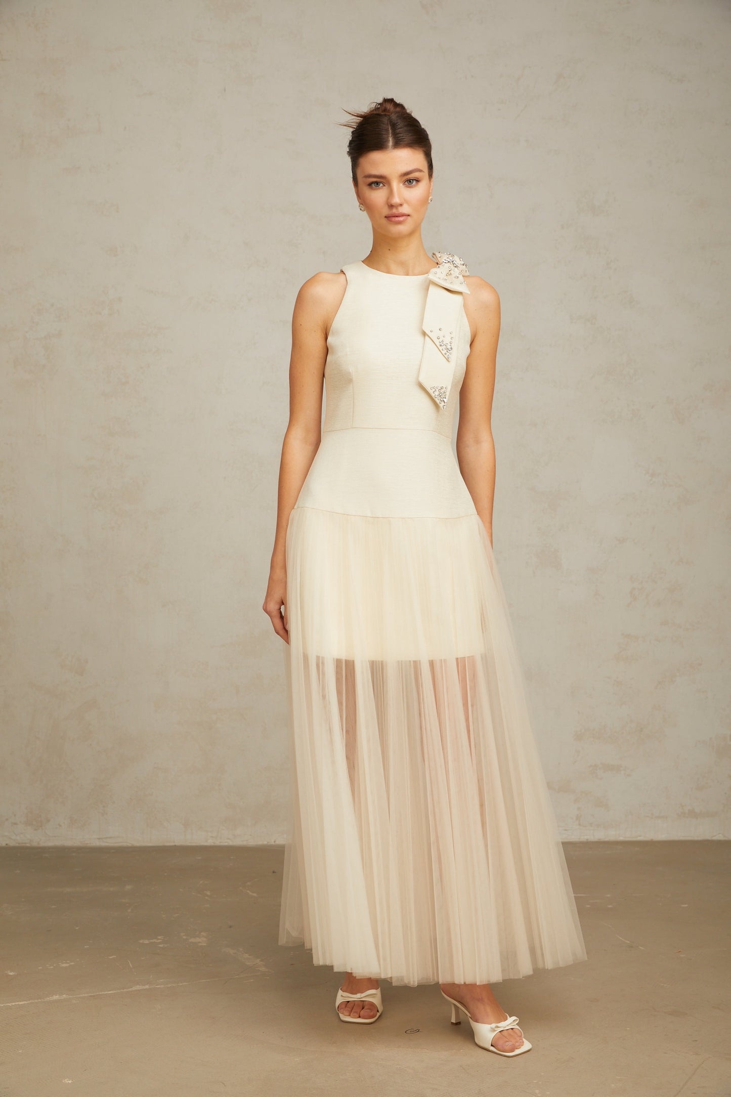 Thérèse bowknot tulle-panelling midi dress in White