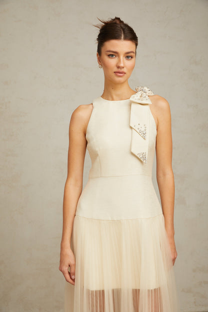 Thérèse bowknot tulle-panelling midi dress in White