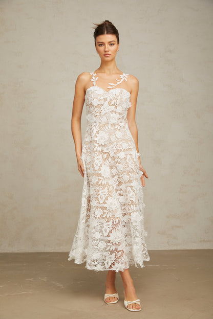 Carole white lace tulle-panelled midi dress