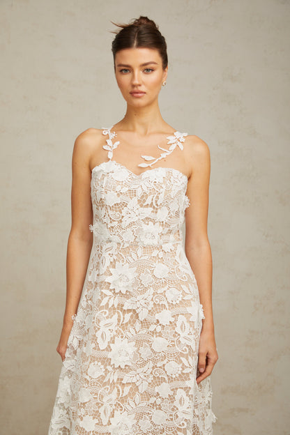 Carole white lace tulle-panelled midi dress