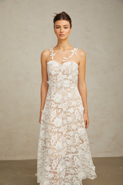 Carole white lace tulle-panelled midi dress
