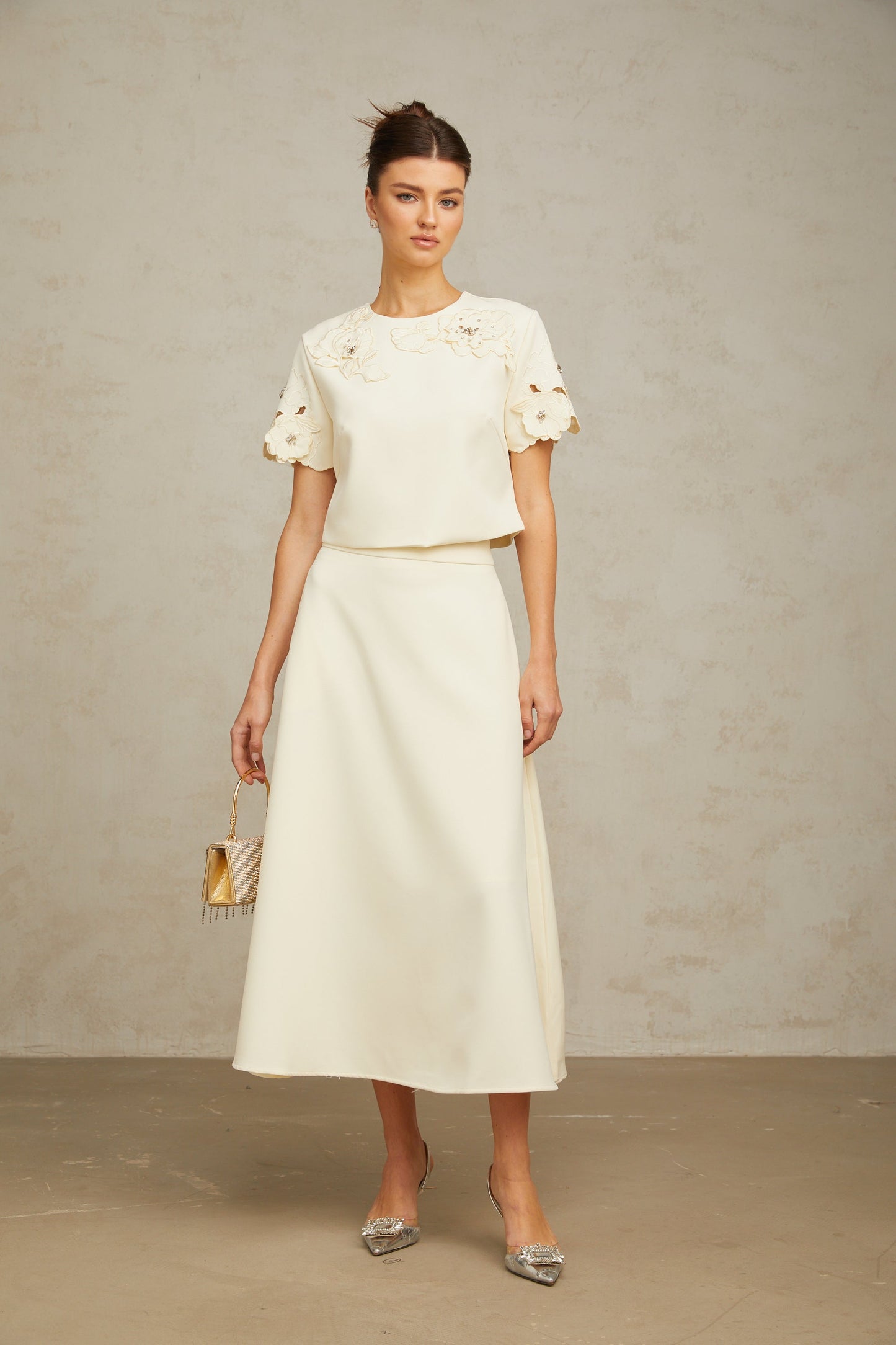 Coralie neutrals 3D-petal top & skirt matching set