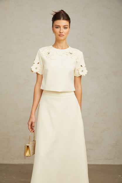 Coralie neutrals 3D-petal top & skirt matching set