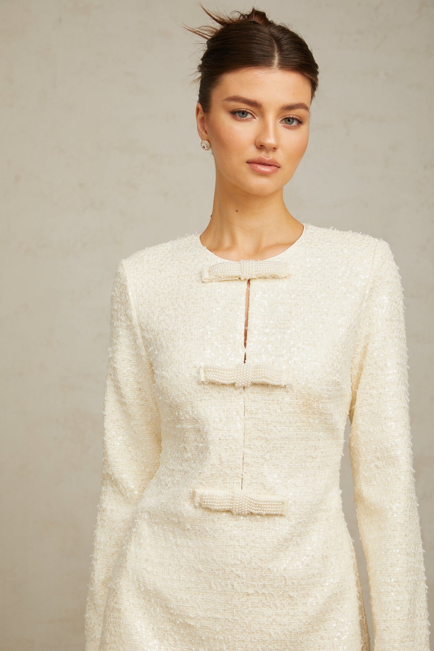 Angélique white sequined tweed mini dress