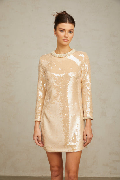 Ornella neutrals faux-pearl sequined mini dress