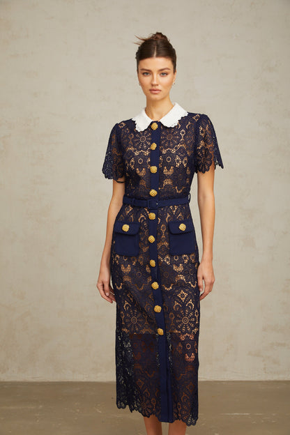 Ariane dark-blue floral crochet-lace midi dress