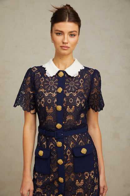 Ariane dark-blue floral crochet-lace midi dress