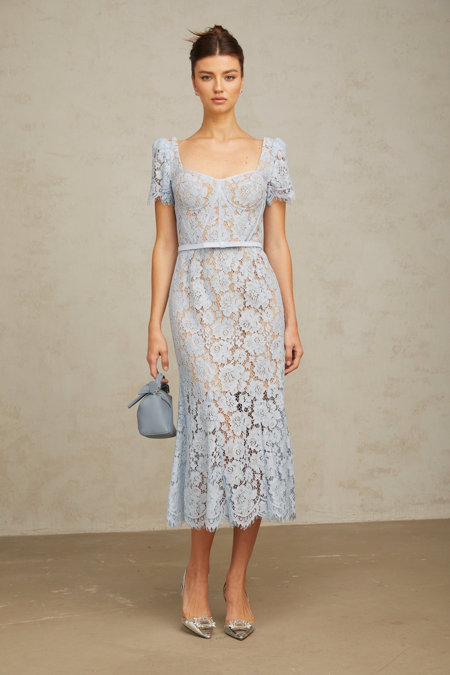 Audrey blue floral-lace boned midi dress