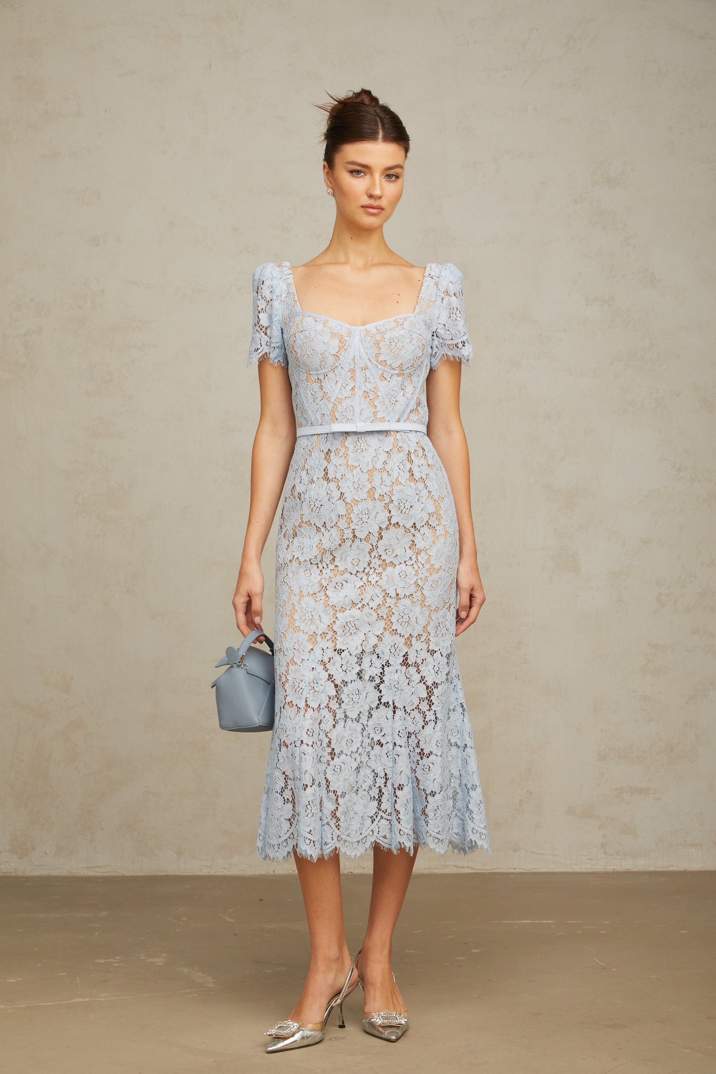 Audrey blue floral-lace boned midi dress