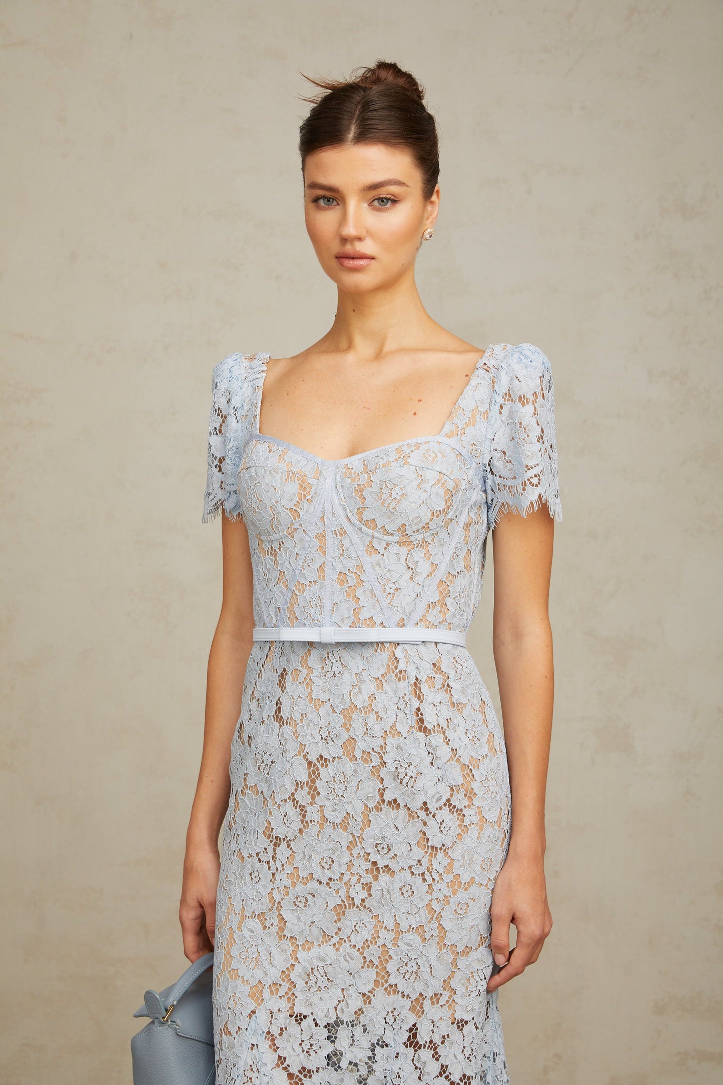 Audrey blue floral-lace boned midi dress