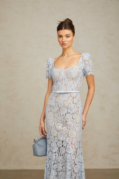 Audrey blue floral-lace boned midi dress
