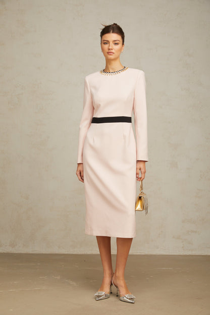 Anaïs pink crystal color-blocked midi dress