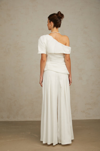 Adèle creased top & trousers matching set in White