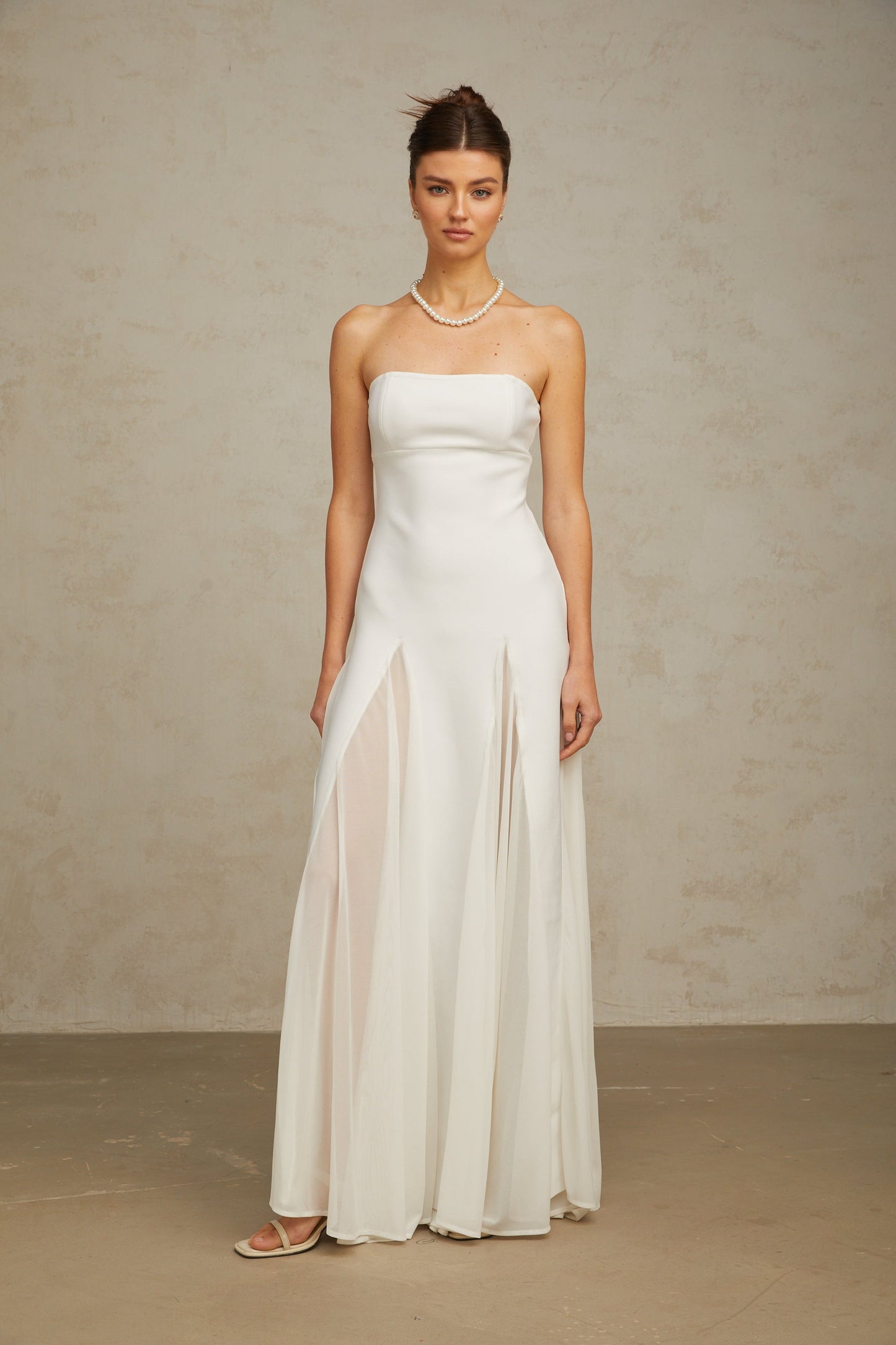 Nathalie white tulle-panelling maxi dress