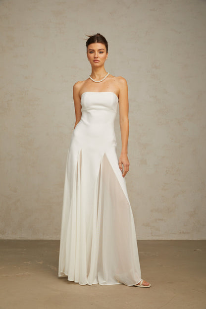Nathalie white tulle-panelling maxi dress