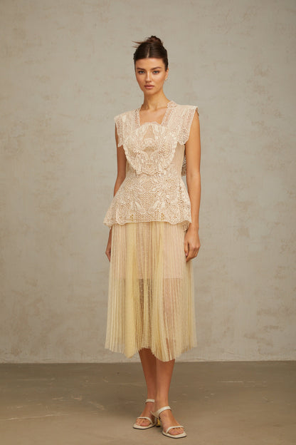 Céleste floral-lace-panelling tulle midi dress in Neutrals