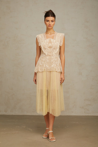 Céleste floral-lace-panelling tulle midi dress in Neutrals