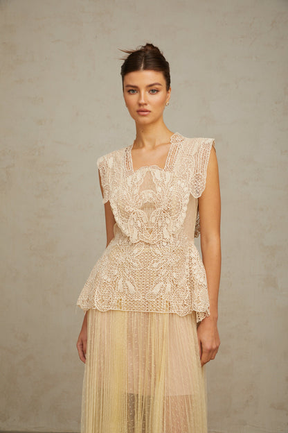 Céleste floral-lace-panelling tulle midi dress in Neutrals