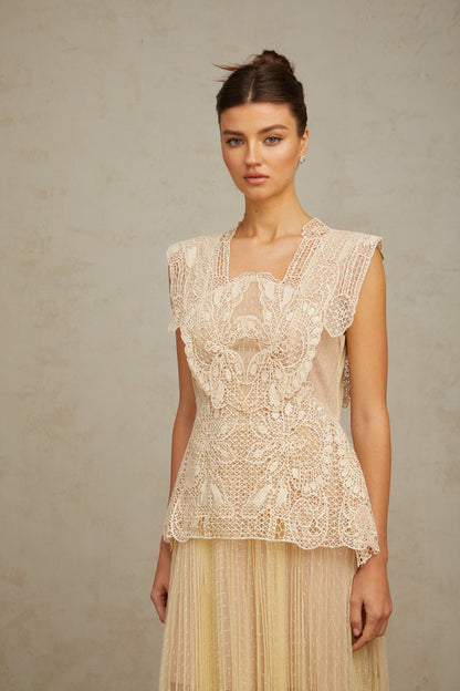 Céleste floral-lace-panelling tulle midi dress in Neutrals