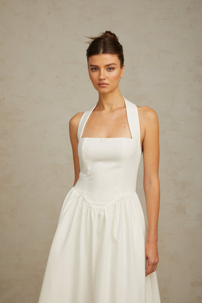 Alizée halterneck pleated midi dress in White