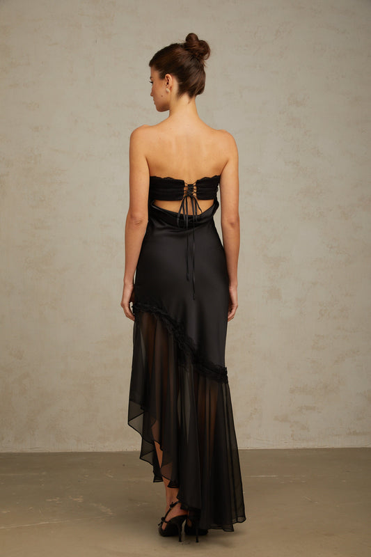 Bernadette black tulle-panelling satin maxi dress