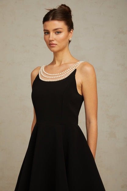 Danaé black faux-pearl-embellished mini dress