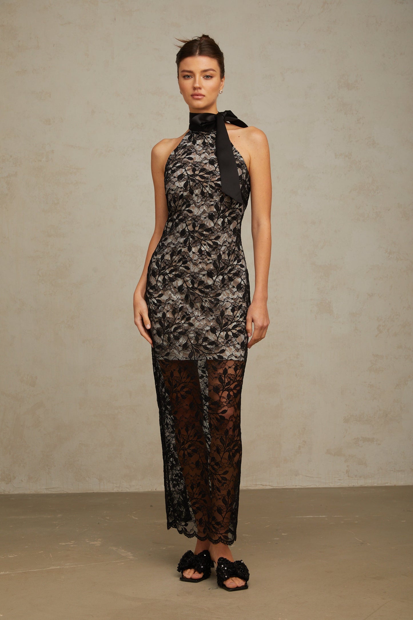 Coralie black floral-lace halterneck maxi dress