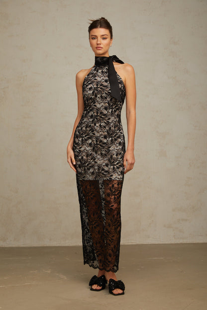 Coralie black floral-lace halterneck maxi dress