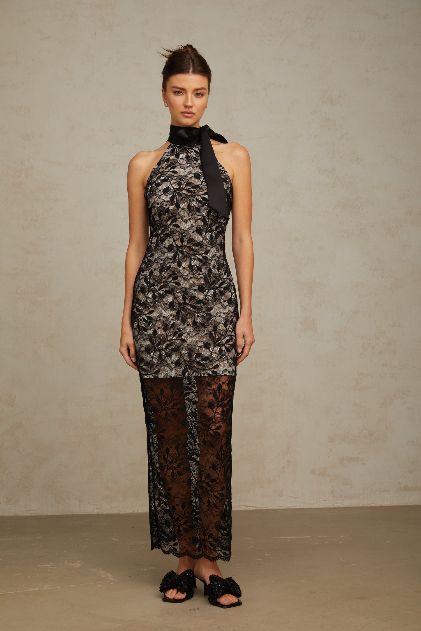 Coralie black floral-lace halterneck maxi dress